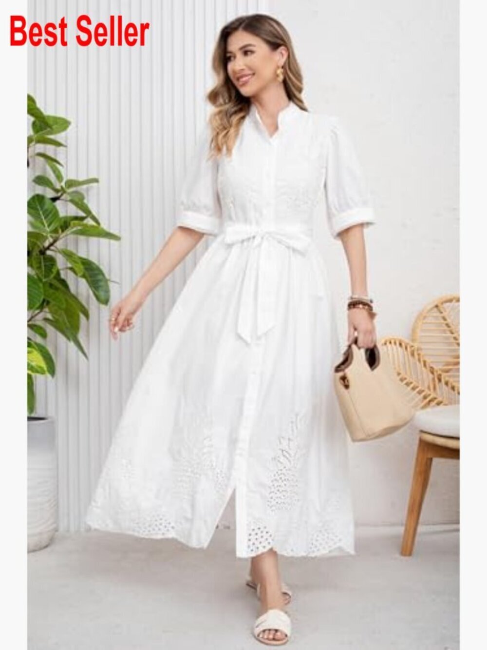 Embroidered Eyelet Cotton Shirt Dress with Belt Puff Sleeve Boho Maxi - Picture 4 of 7